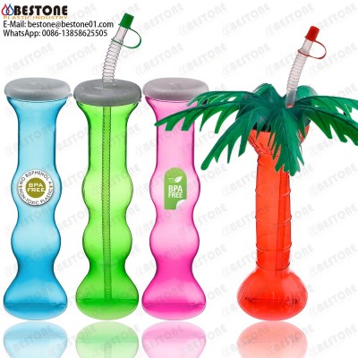 500ml 600ml 700ml 16oz 20oz 25oz dumbbell palm tree shaped plasitc novelty slush cup beer juice yard cup with straw